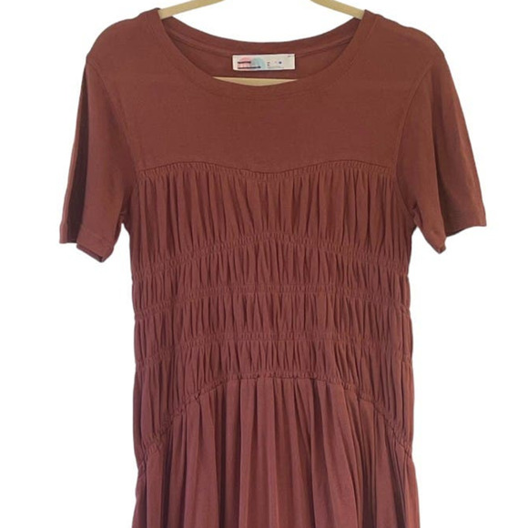 Free People Beach Meg Midi Dress Color Brown Size Medium Ruched NEW - Picture 2 of 9